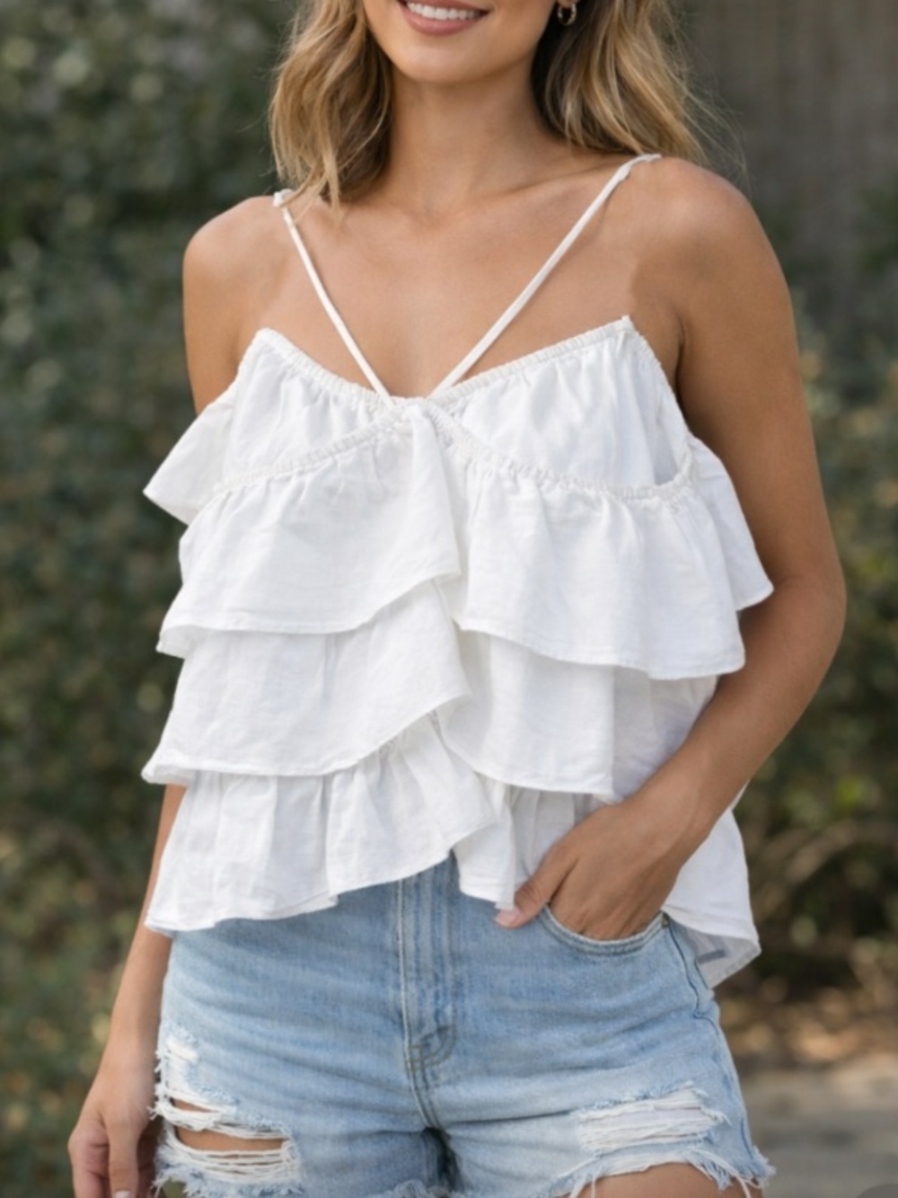 Zara Linen White Tiered Ruffle Spaghetti Strap Top